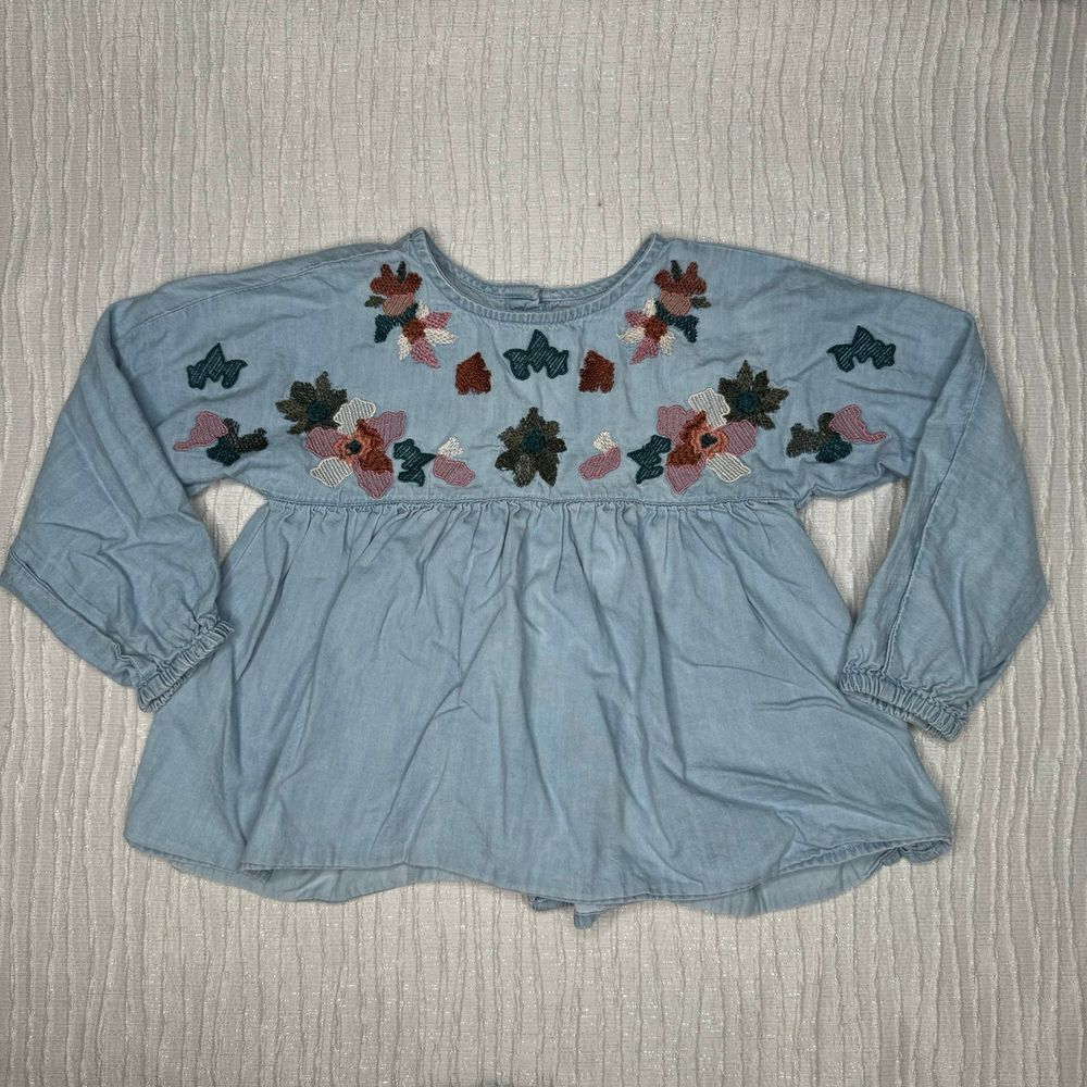 zara light blue denim embroidered toddler girl shirt‎